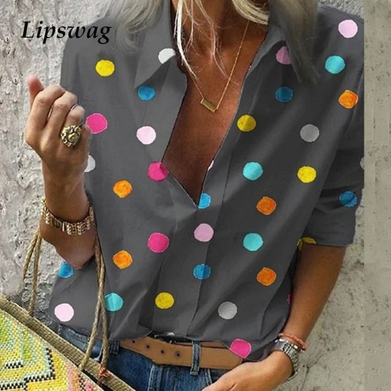 

Lipswag Women Sexy Deap V Neck Blouse Shirt Elegant Polka Dot Print Office Lady Tops Femmes Casual Long Sleeve Blouses Plus Size