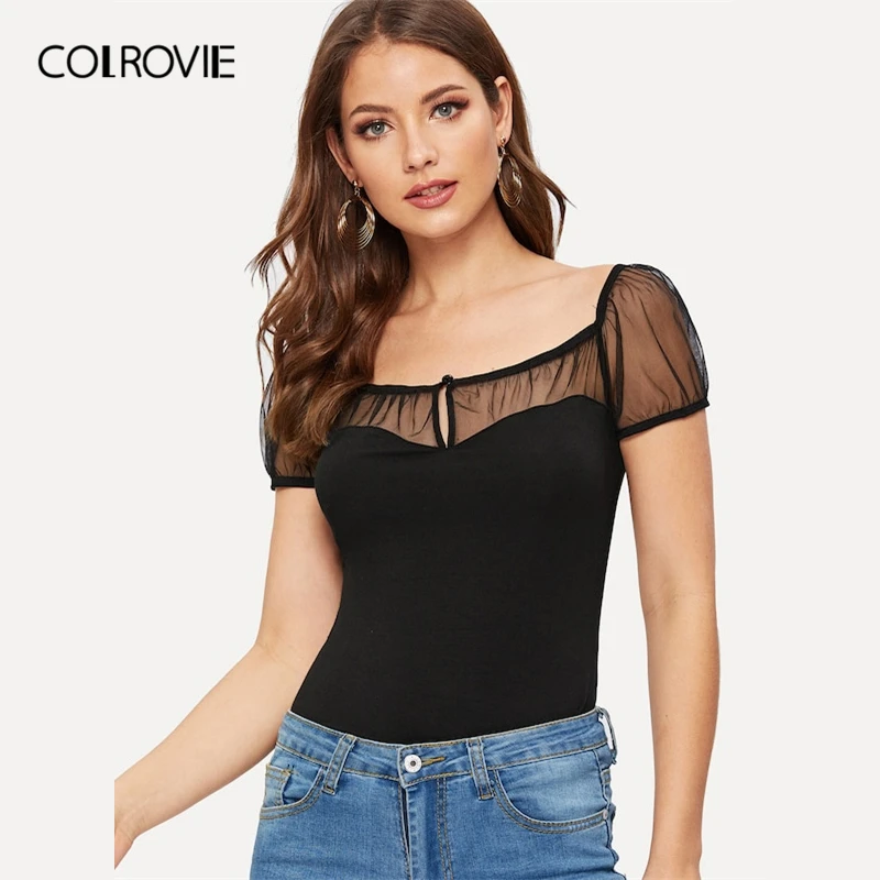 

COLROVIE Black Square Neck Keyhole Front Sheer Fitted Tee Women 2019 Summer Short Sleeve Mesh Button Elegant Ladies T-Shirts