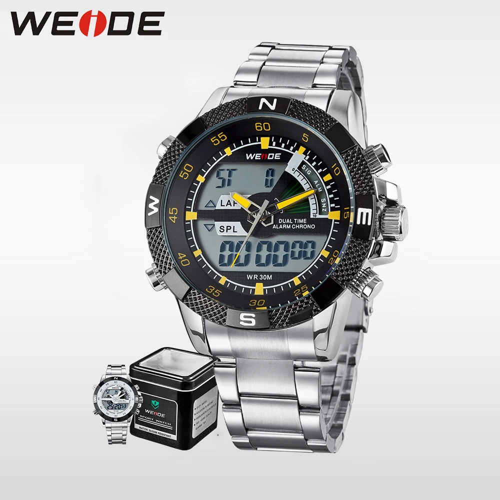 

WEIDE Brand Men Military Watch Stainless Steel Band Original Japan Quartz 3ATM Waterproof Auto Date Male Alarm Clock Men Watch