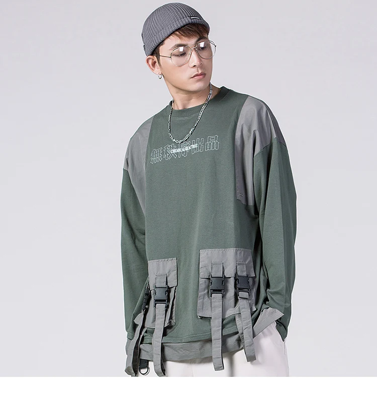 Уличная одежда, пуловер, Толстовка для мужчин, китайский принт Кандзи, хип-хоп худи, Харадзюку, много карманов, свободный хлопковый пуловер в стиле хип-хоп