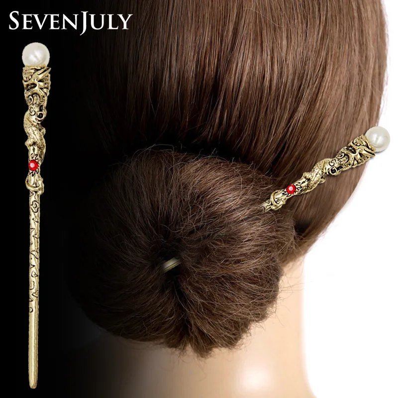 Chinese Zodiac Metal Dragon Hair Sticks Women Pearl Hairpin Crystal