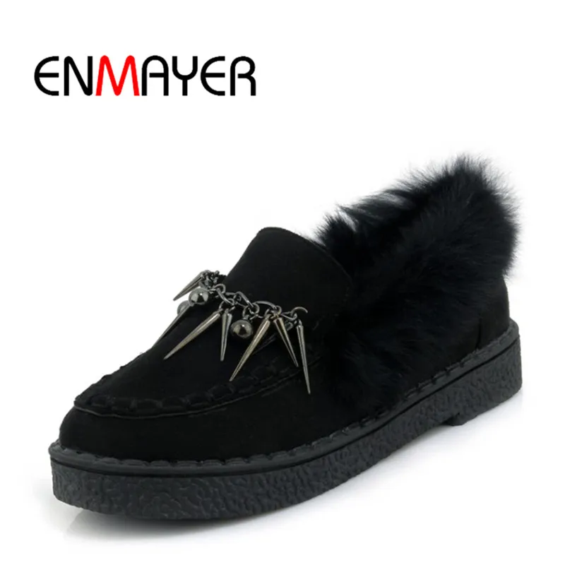 

ENMAYER 2018 Winter Warm Fahion Plush Shoes Casual Woman Shoes Flock Slip-on Shoes Round Toe Bordered Ladies Shoes Black Yellow