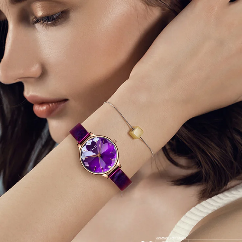 

CIVO Purple Fashion Premium Womens Watch Waterproof Mesh Strap Watches Diamond Decoration Wristwatch Quartz Clock Reloj Hombre