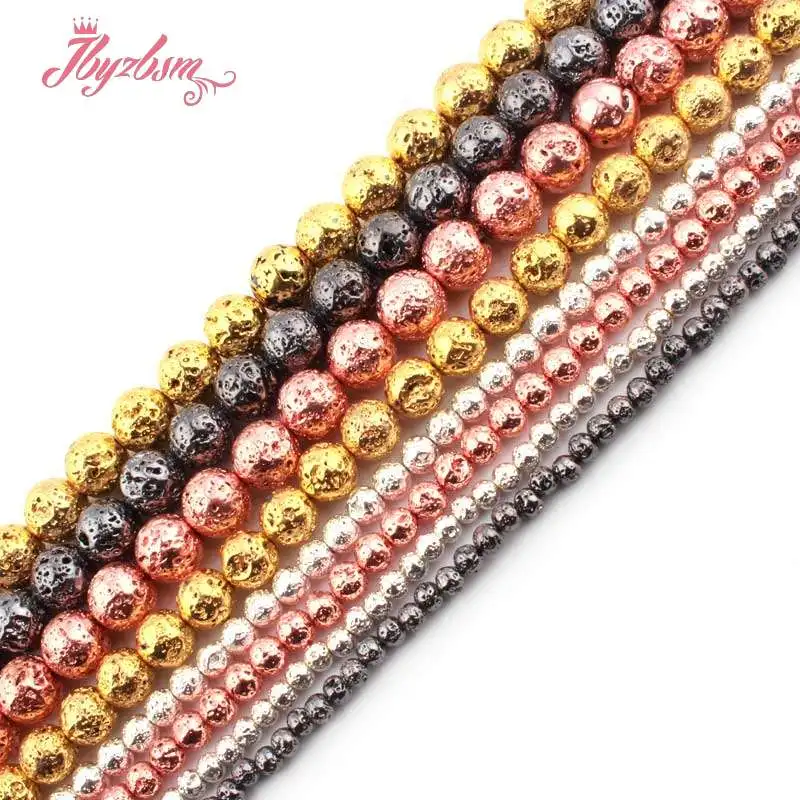 

Round Silver,Black,Rose Gold Volcanic Rock Lava Natural Stone Beads For DIY Necklace Bracelats Jewelry Making 15" Free Shipping