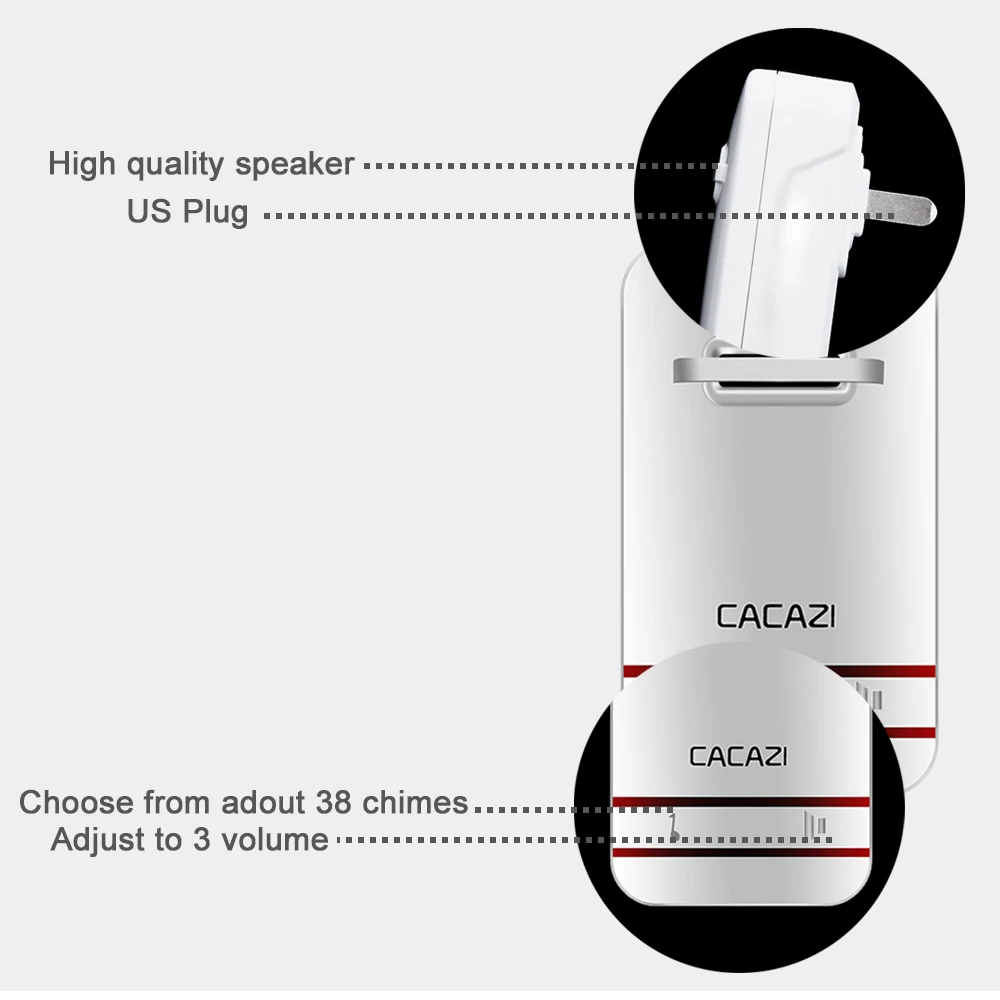 CACAZI-Campainha sem fio auto-alimentada, campainha impermeável, sem bateria, UE, EUA, plugue do Reino Unido, controle remoto de 120m, 38 toques, luz do flash