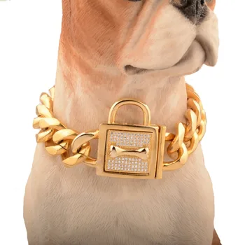 

Top Quality Full CZ Lock Clasp Stainless Steel Dog Chain Torques Pitbull Collar Choker Safety Bone Clasp Cuban LinK Pet Necklace