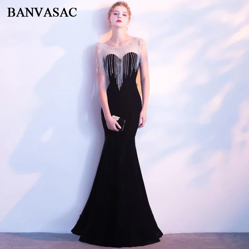 BANVASAC 2018 велюровые Длинные вечерние платья с круглым вырезом кисточками и
