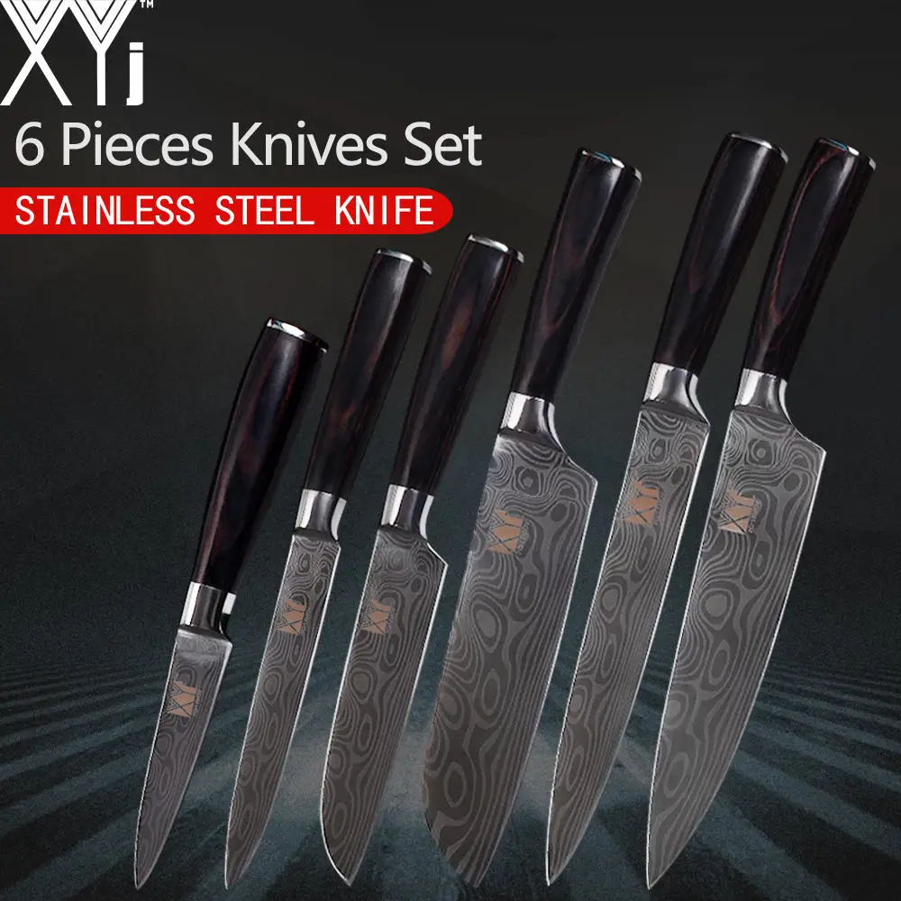 

XYj High Quality Kitchen Cooking Stainless Steel Knives Tool Fruit Utility Santoku Chef Slicer Damascus Veins Kitchen Knives