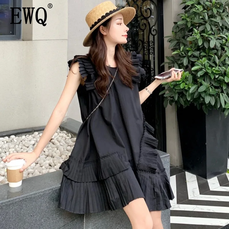 

[EWQ] 2019 new style Trendy design pleated loose large sleeveless pleated Asymmetrical loose casual women's summer dress QH74300
