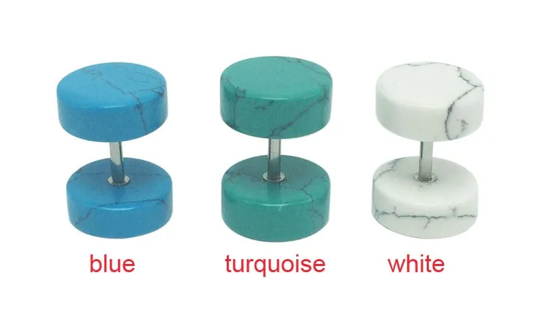 2pieces fashion men's fake ear tunnels ear plugs stud earrings natural stone turquoise blue white stainless steel flesh piercing color