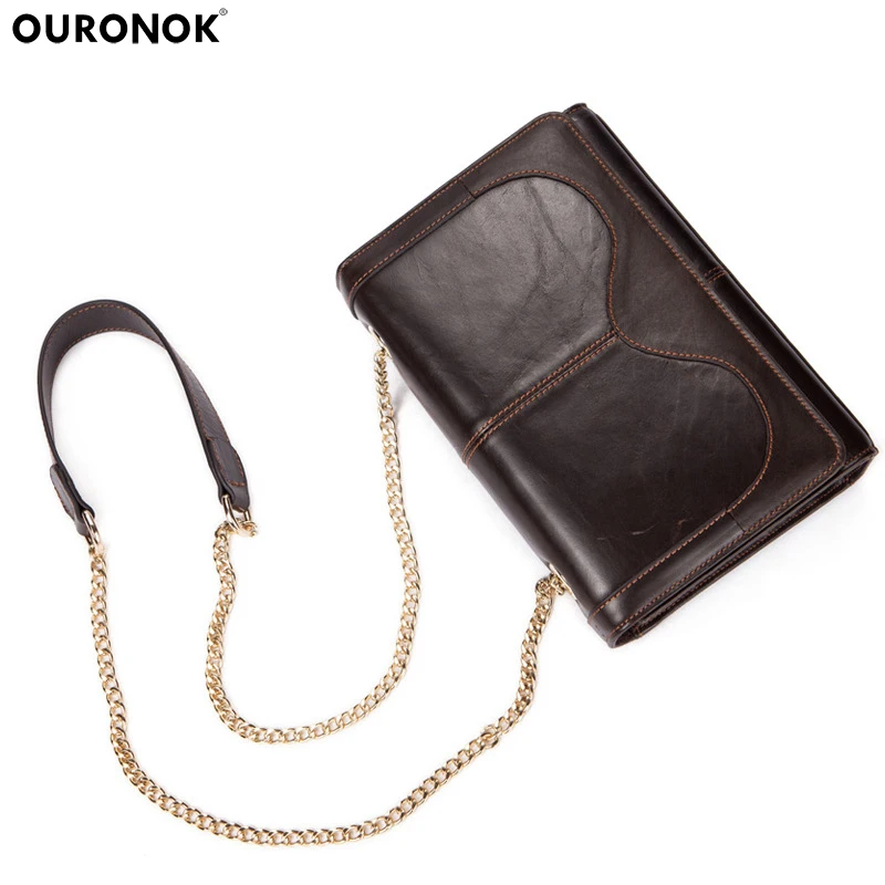 

OURONOK New 2018 Genuine Leather Women Handbag Cowhide Retro Lady Single Shoulder bag chain Crossbody Oblique Woman Ladies bag