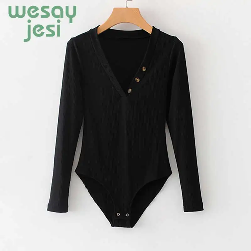 Casual Womens White Women Elastic Solid Bodysuits Long Sleeve V-neck Buttons Elegant Jumpsuits 2019 Black Bodysuit Casual Womens White Women Elastic Solid Bodysuits Long Sleeve V-neck Buttons Elegant Jumpsuits 2019 Black Bodysuit