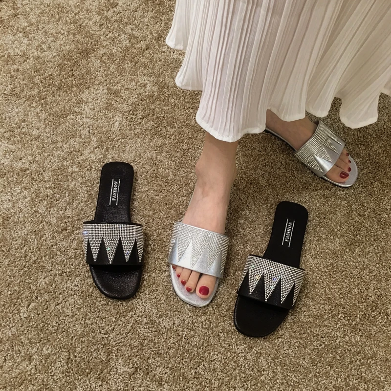 

Crystal beach shoes summer woman slippers anti-skid brief flats casual silver slides femme flip flops zapatos mujer 2019 new