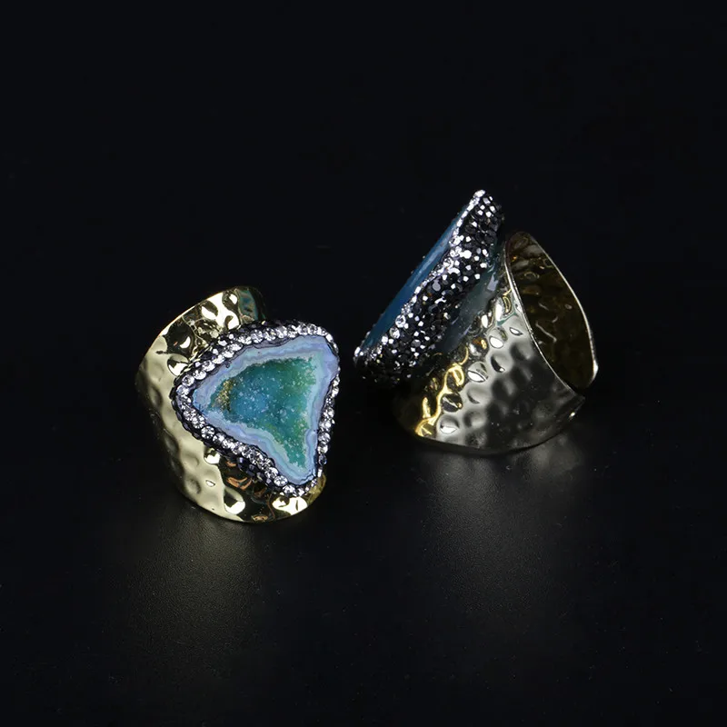 KEJI LAI IPCS большой золотой многоцветный Geode Кристалл полудрагоценный камень ломтик бисера Шарм открыть кованые кольца манжеты для женщин и мужчин - Цвет основного камня: Green