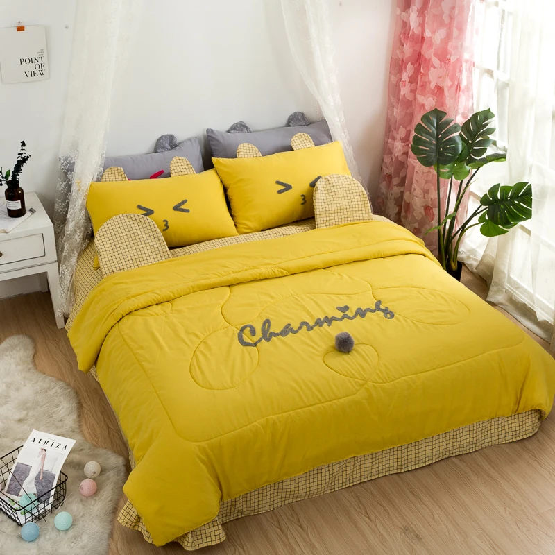 

Yellow Gray Green Pink Lovely Rabbit Loka Cotton Thin Quilting Summer Quilt Bed Sheet/Linen Pillowcases 4pcs Girls Bedding Sets