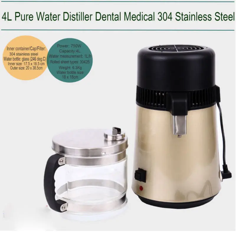 

4L 304 Stainless Steel Water Distiller Pure Water Purifier Filter + Glass Jar