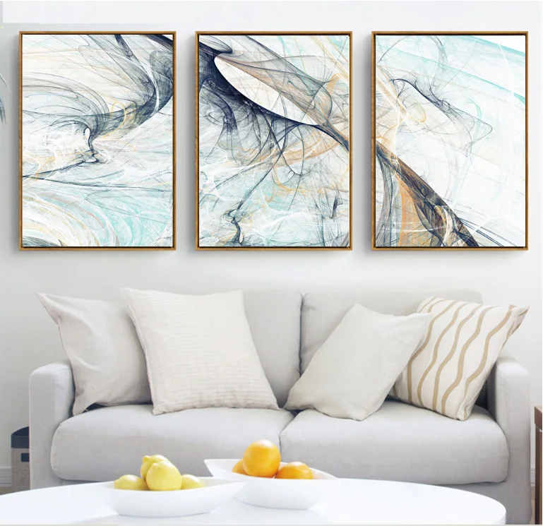 Modern simple abstract psychedelic line art canvas paintings triple