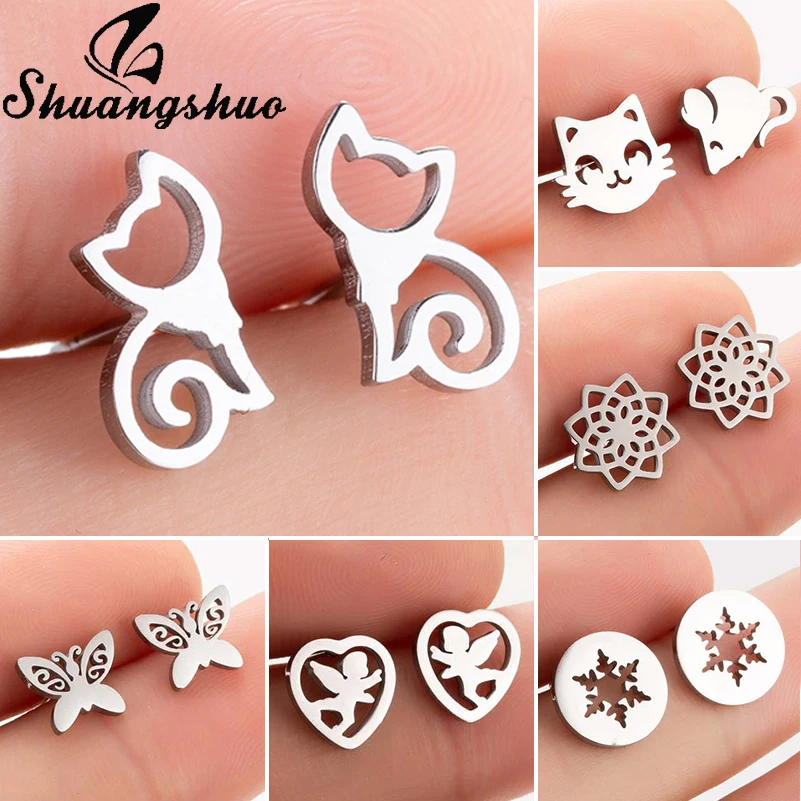 

Shuangshuo Stainless Steel Cat Stud Earrings for Women Silver Earings pendientes mujer Earrings Jewelry Animal Earings Gifts