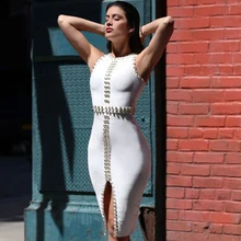 Vintage Luxury Women Sexy Front Slit Slim Hip Wrap Bodycon Midi Dress Ladies Casual Pencil Dress with Mental Rings Clubwear