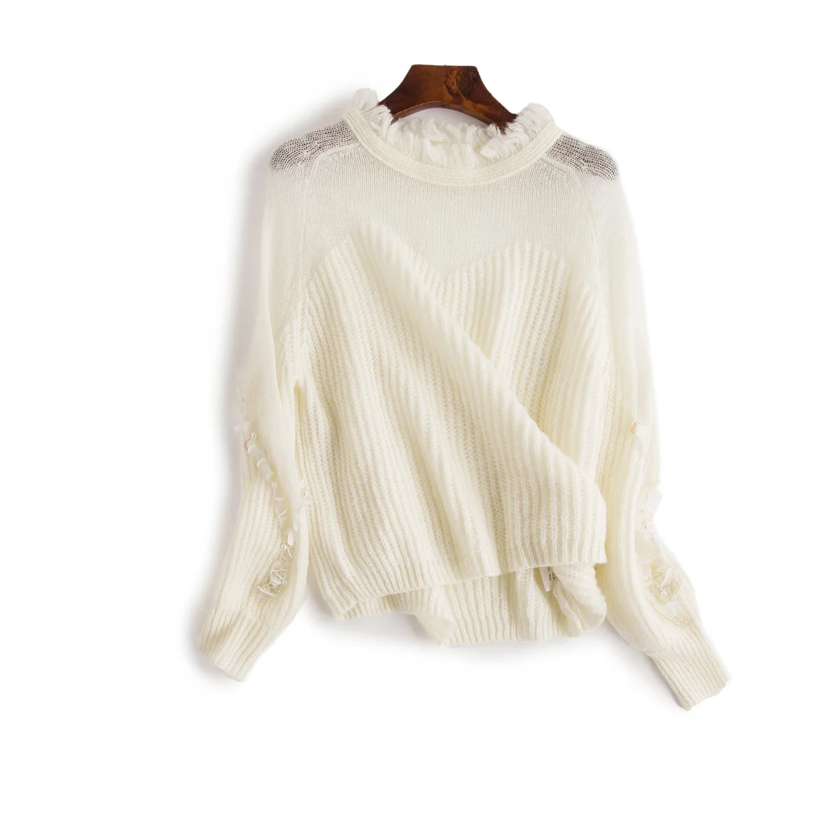WQJGR, высококачественный осенний и зимний свитер для женщин и пуловеры с блестками и жемчугом, легкая женская куртка с рукавами-фонариками - Цвет: white