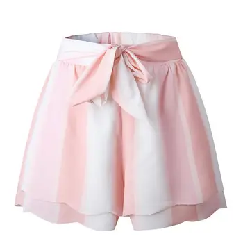 

Summer Women High Waist Loose Wide Leg Short Pants Striped Print Patchwork Lace Up Short Petal Hem Double Layers Short WS8775E
