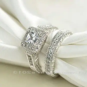 

Size5/6/7/8/9/10 Retro Princess 10kt white gold filled AAA Cubic Zirconia Simulated stones Engagement Wedding Ring set gift