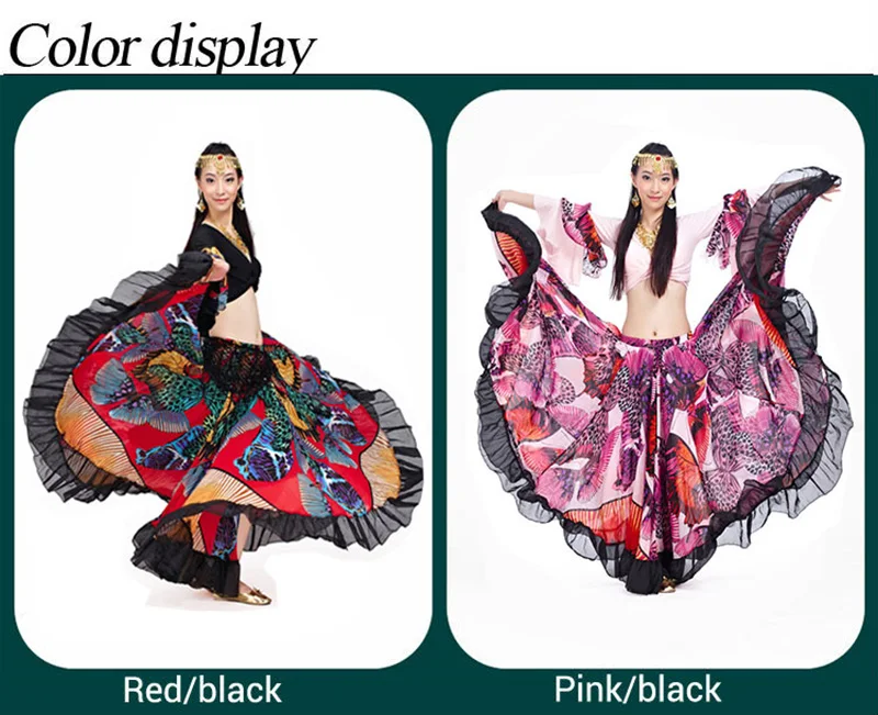 720 градусов Племенной танец живота костюм женский наряд 2 шт. набор топ и юбка бабочка шаблон полный круг цыганские костюмы