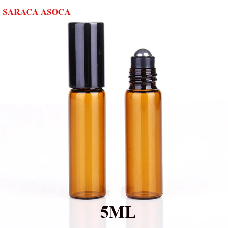 5ml/100 개/몫 작은 브라운 컬러 유리 병 블랙 캡 스틸 볼 에센셜 오일 유리 리필 병