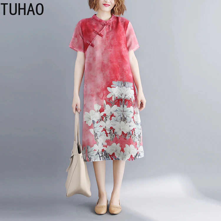 TUHAO 2019 стильные китайские платья винтажное платье женское с коротким рукавом цветочный принт платья свободные весна лето вечерние платье