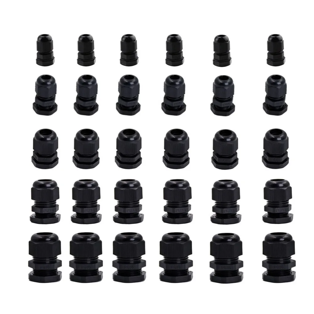 

30pcs Each of 6 PG7 PG9 PG11 PG13.5 PG16 Thread Nylon Cable Gland Wire Connector Waterproof Plastic Cable Gland Reducer