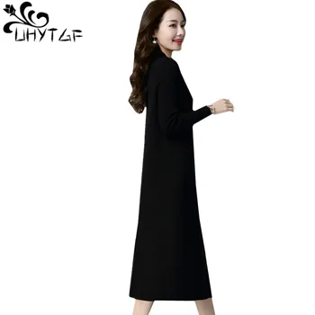 

UHYTGF 2019 New Long sleeve Autumn winter Dress Women Knit pullover noble sweater long dresses Elegant ladies plus size dress181