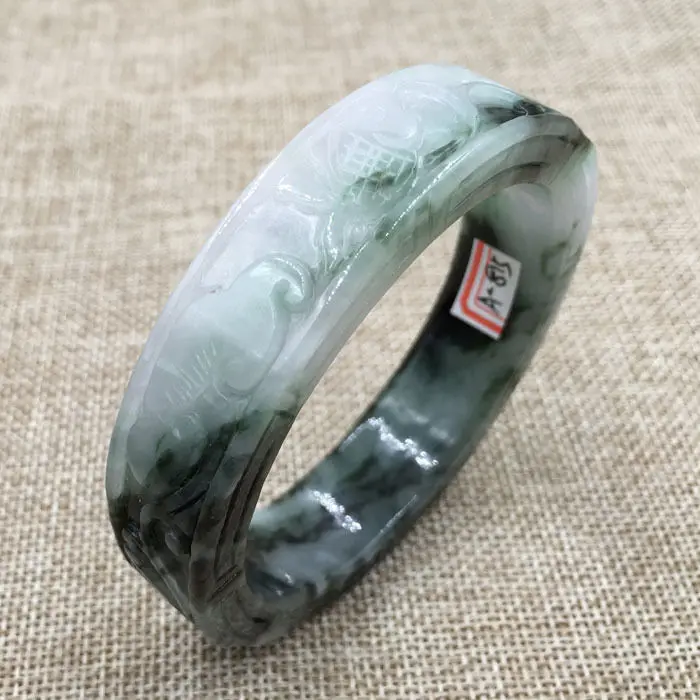 

59mm Vintage Chinese Hand-carved Black Green Jadeite Jade Bracelet Bangle 815