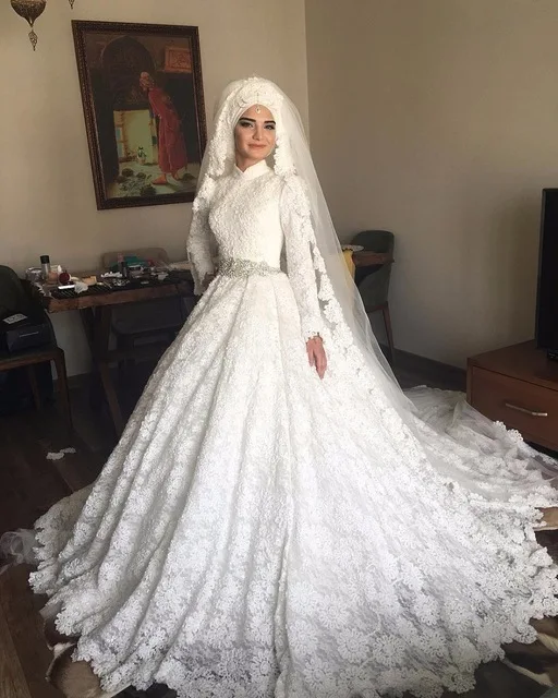 Мусульманское свадебное платье 2017 Vestido De Noiva Элегантный белое кружевное бальное с