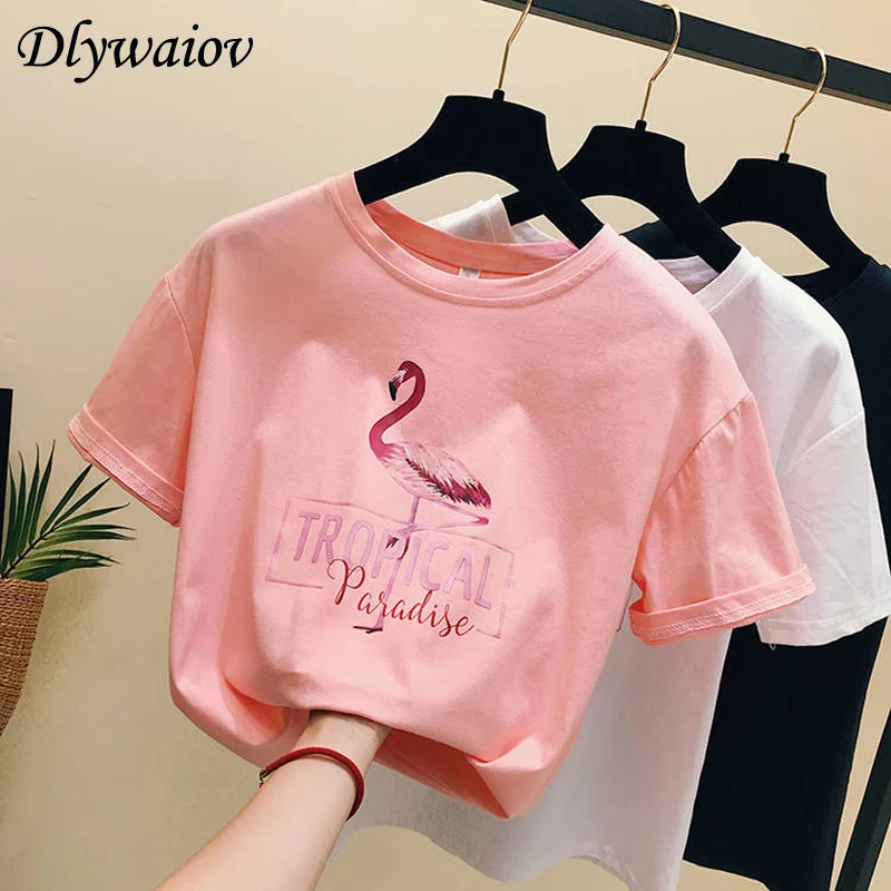 

Casual Female Tee Shirts Flamingo Print T Shirt Tops Women 2019 New Loos Short Sleeve T-shirt Summer Femme Pink Plus Size Shirt