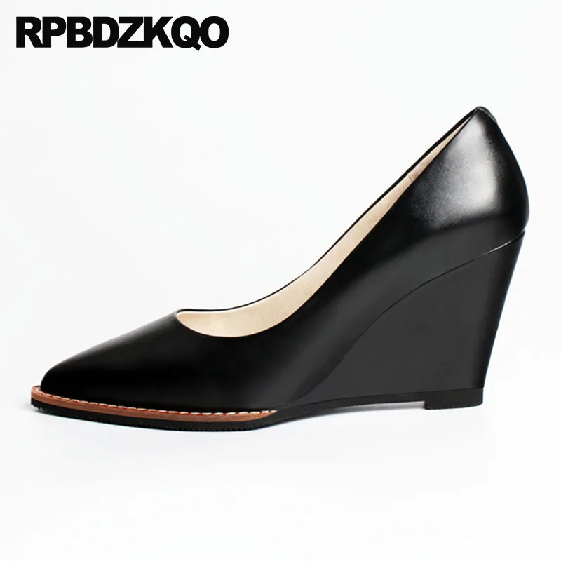

Size 33 High Quality Black Ladies White Wedge Shoes Winkle Picker Pumps Genuine Leather Heels 3 Inch Pointed Toe 2018 4 34 Beige