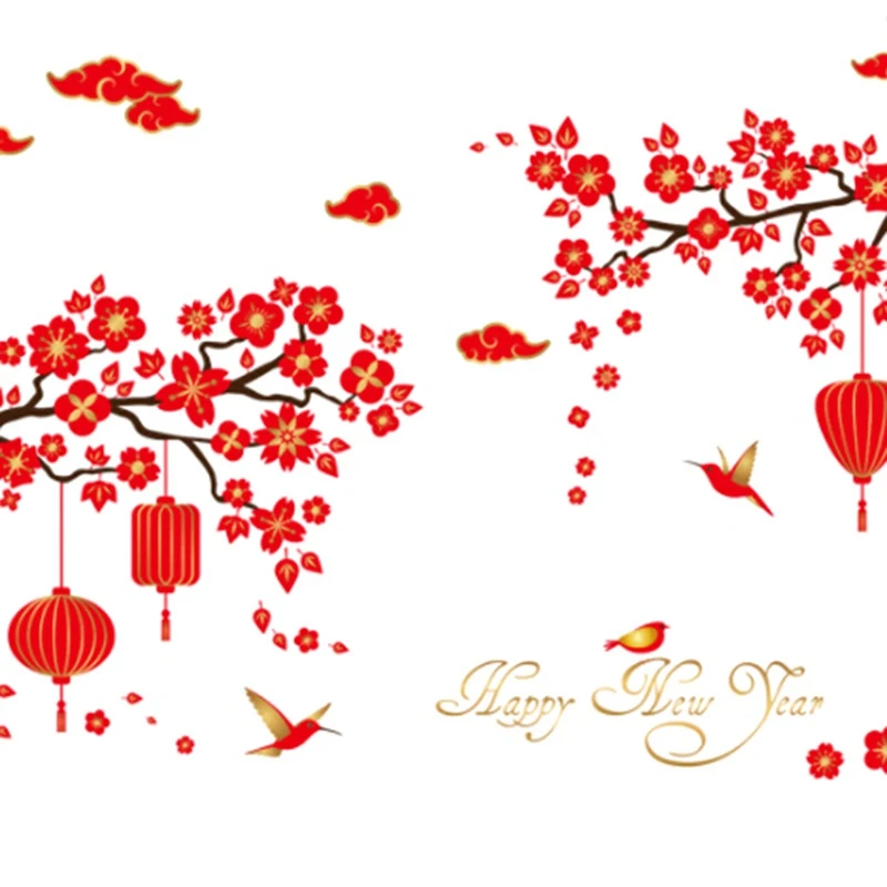 Chinese Style Happy new year red flower lantern cloud DIY font b home b font window