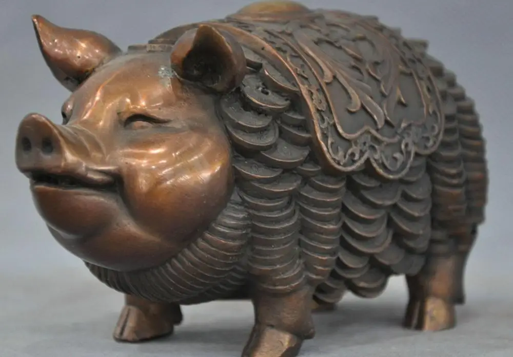 

6'' China Fengshui Zodiac Pig Coin Money Pure Bronze Statue
