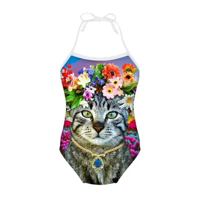 Cute Cat Print Swimsuit For Girls Flower Swimwear Baby Infantil Bathing