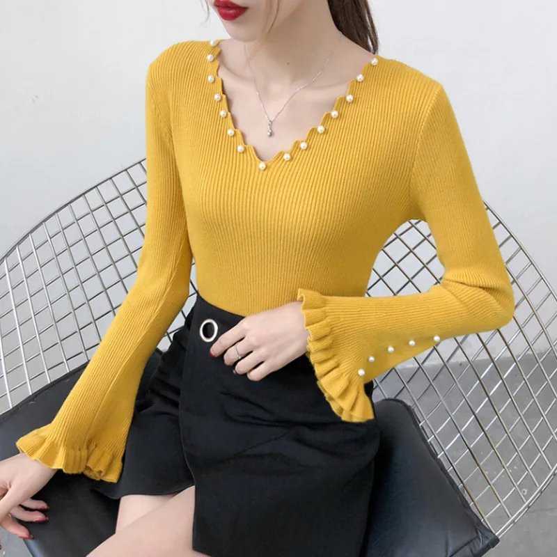 Autumn Winter Women Sweaters Solid V neck Beaded Knitted