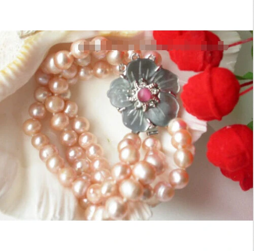 

Free shipping >>>>>>3strands 9mm Pink pearls Bracelet Flower cameo