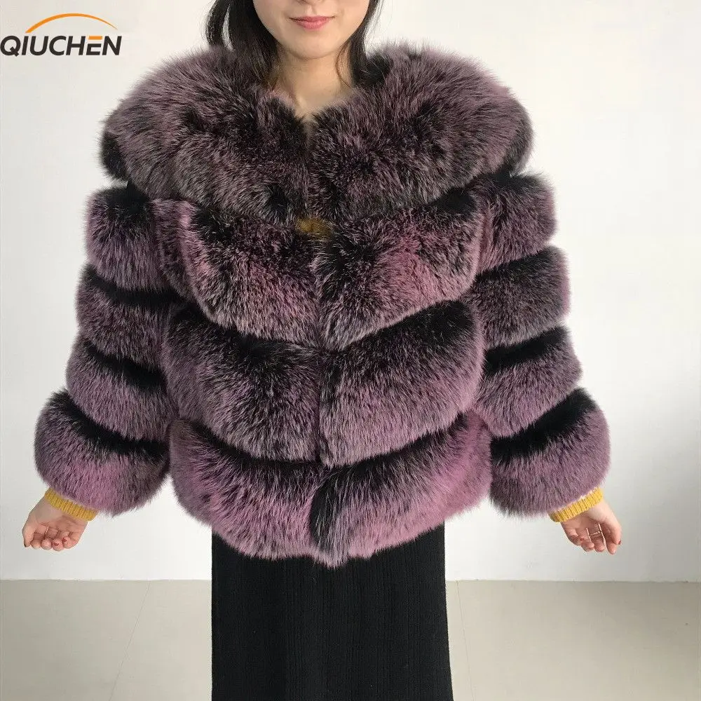 

QIUCHEN PJ8085-1 2019 new real fox fur coat detachable sleeves coat genuine fox vest high quality women winter shorter jacket