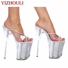 Женские туфли на платформе и ультравысоком прозрачном каблуке(20 см) без задника подходят для вечеринок украшены декоративным элементом в виде сердечка
