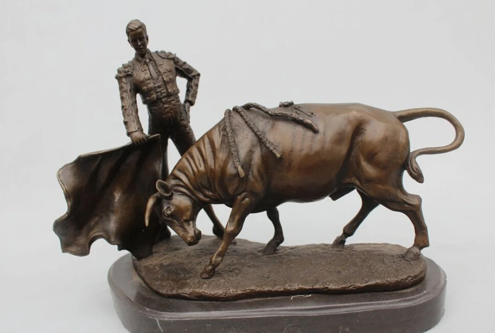 

12"Western Art sculptur Pure Bronze Marble Famous Spain Matador Bull Statue R0715 Discount 35%