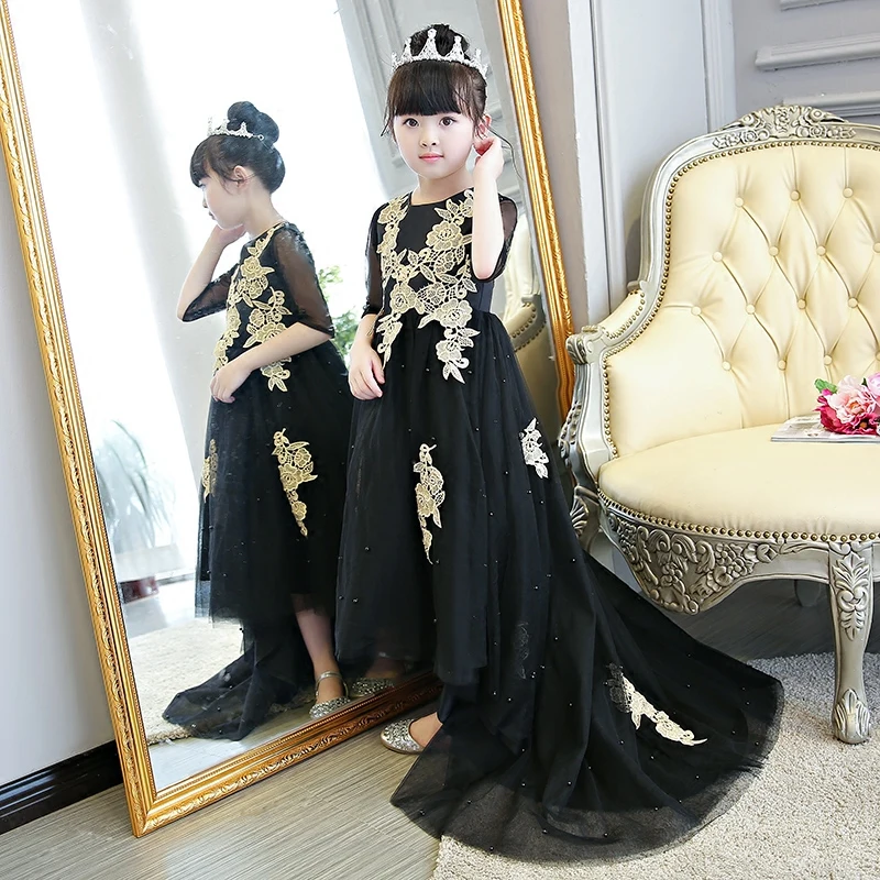 

2018 Summer New Children Girls Princess Flowers Party Dress With Long Tailing Kids Babies Evening Model Performance Prom Dress