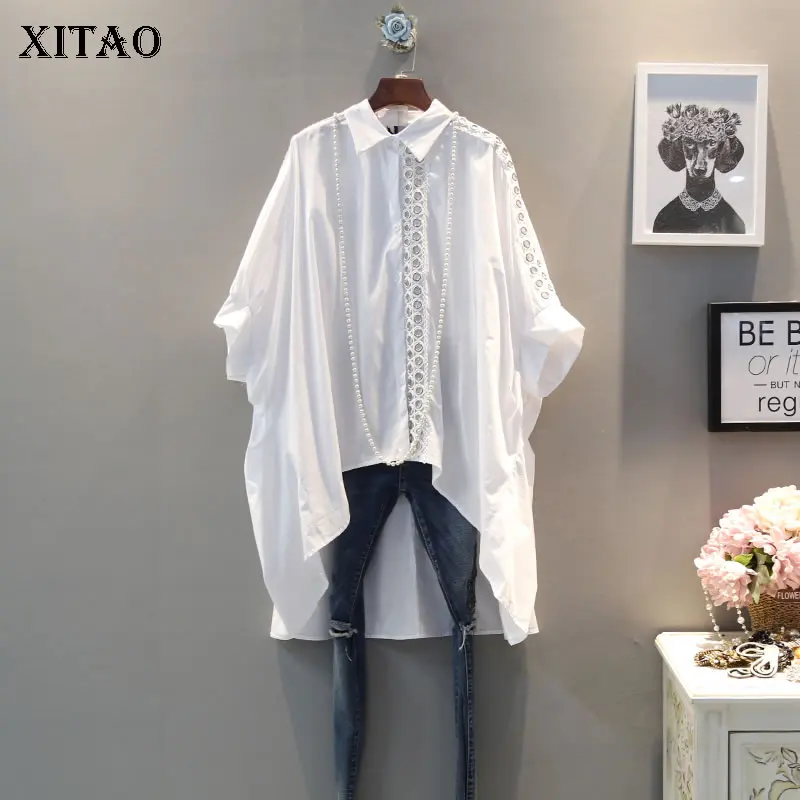 

[XITAO] Women 2019 Spring New Korea Fashion Turn-down Collar Half Sleeve Loose Shirt Female Hollow Out Long Blouse LJT3535