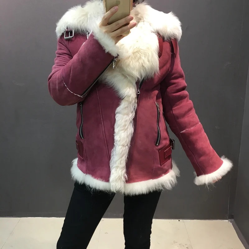 

2018 new fashion warm women 100% natural sheepskin leather with lamb fur jacket genuine fur and leather skin winter outwear coat