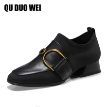 2018 New Spring Genuine Leather Women Pumps Fashion Metal Decoration Sqaure Toe Mid Heels Stretch Women