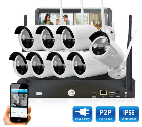 플러그 앤 플레이 8CH 10.1'LCD 화면 무선 NVR 보안 CCTV 시스템 및 720P HD 와이파이 카메라 홈 + 야외 IR 비디오 감시 키트