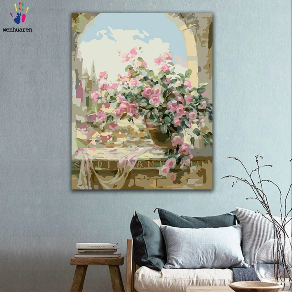 

DIY Painting by numbers Pink rose vase on the windowsill picture coloring paints by numbers with kits for wall decor