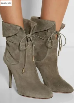 

2019 fashion women ankle boots suede leather boots women thin heel point toe booties lace up boots ladies party shoes